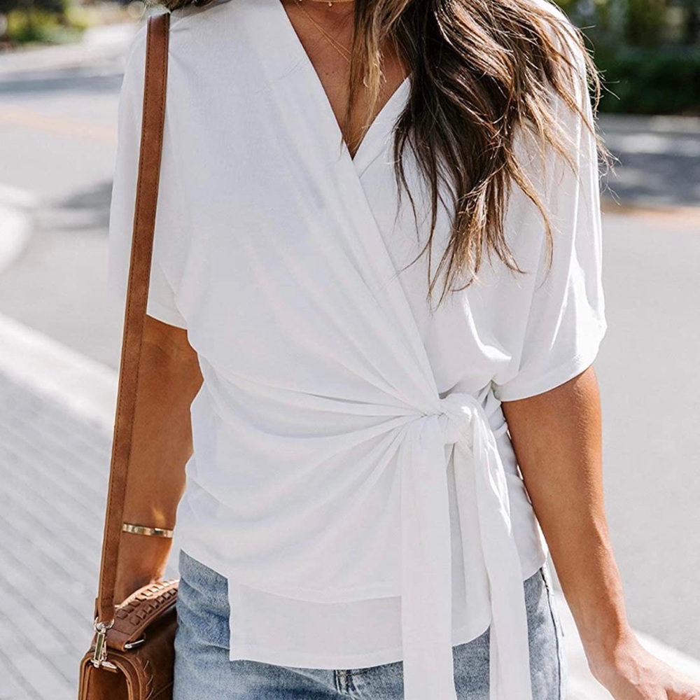 White Short Sleeve Wrap V Neck Tie Waist Blouse